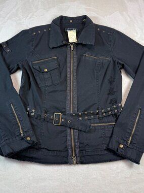 Da-Nang Black Embroidered Military Field Jacket Studded Belt Womens M Zip Surplu